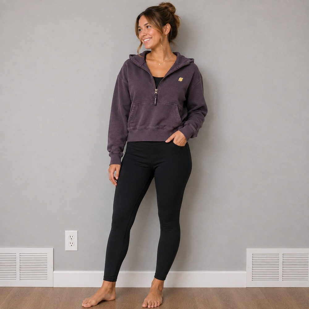 Peloton Womens Half Zip Hooded Sweatshirt Purple Cropped Fleece Pullover Small